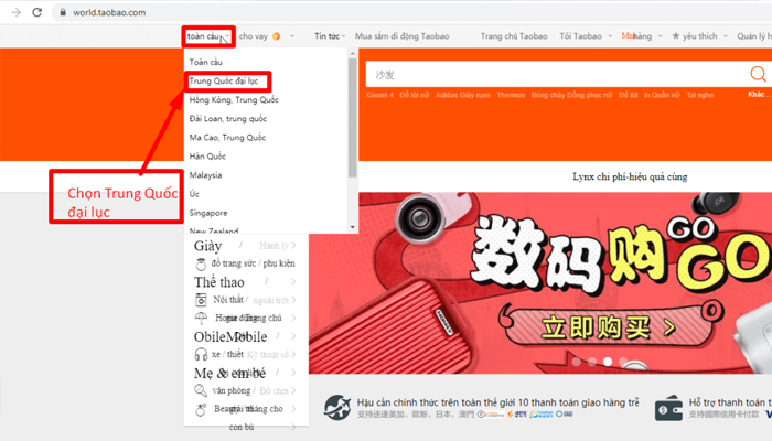 Hãy chuyển tới Taobao nội địa của Trung Quốc đại lục